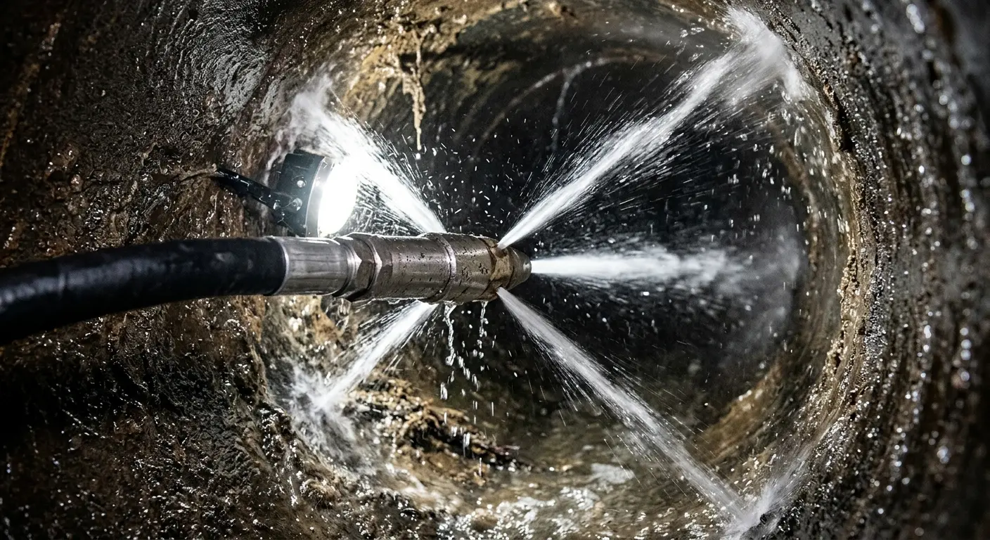High-pressure hydro jetting nozzle cleaning sewer pipe for Trenchless Sewer Repair in Morton