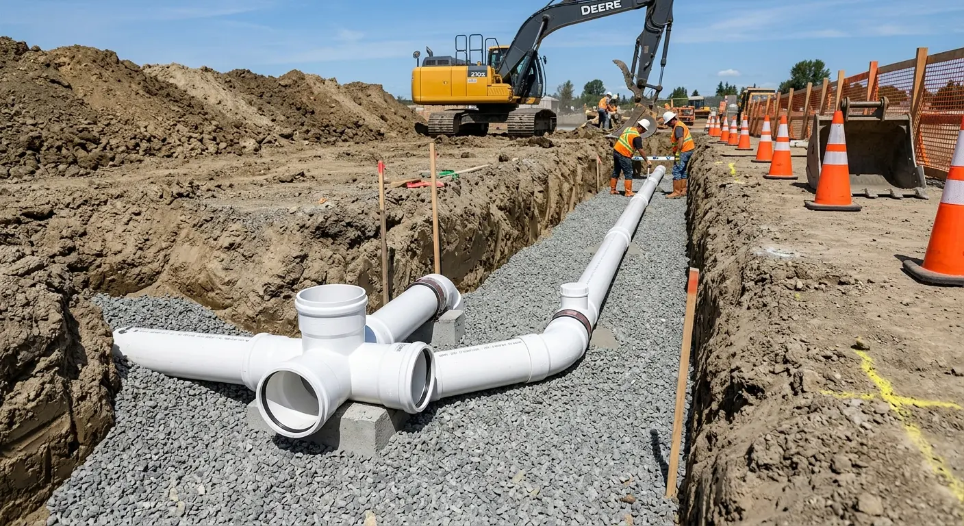 New PVC sewer pipe installation in open trench for Commercial Drain Cleaning in Morton