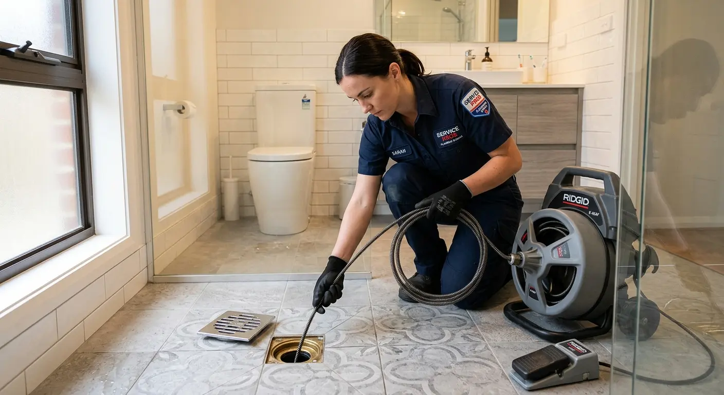 Technician clearing a bathroom floor drain for Clogged Drain Repair in Morton